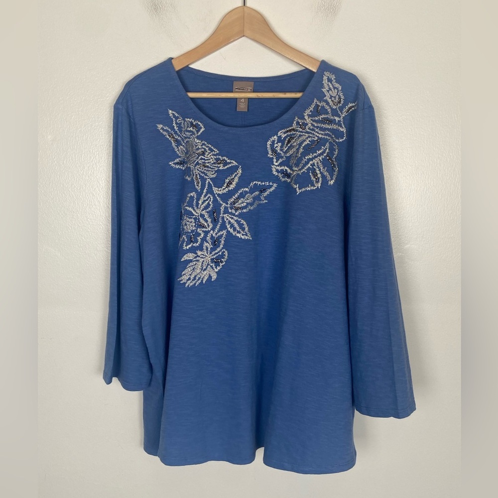 Chico's Embellished 3/4 Sleeves Top Size 4 US XXL Blue Beaded Tee Cotton Stretch